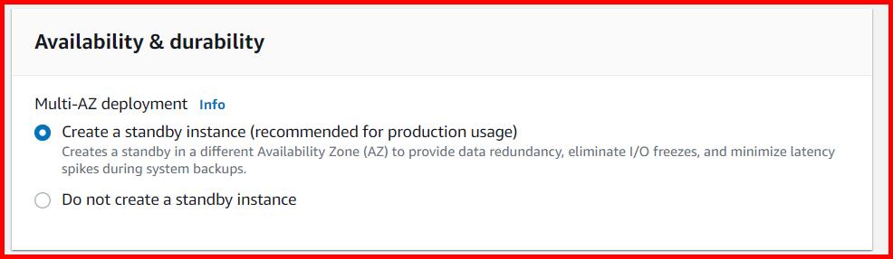 Picture showing enabling the option for creating the multi AZ DB